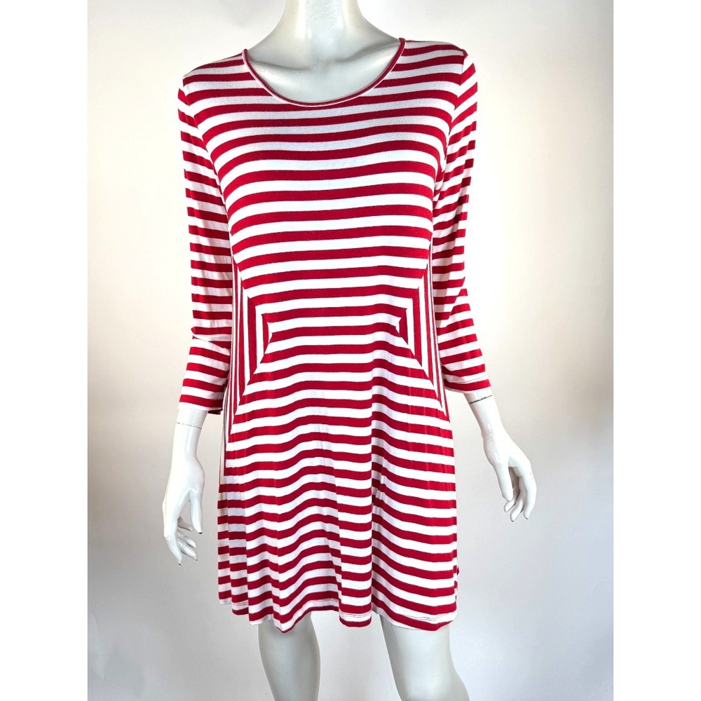 Comfy USA Striped Jersey Tunic Dress Women XL 3/4 Sleeve Scoop Neck Stretch Red